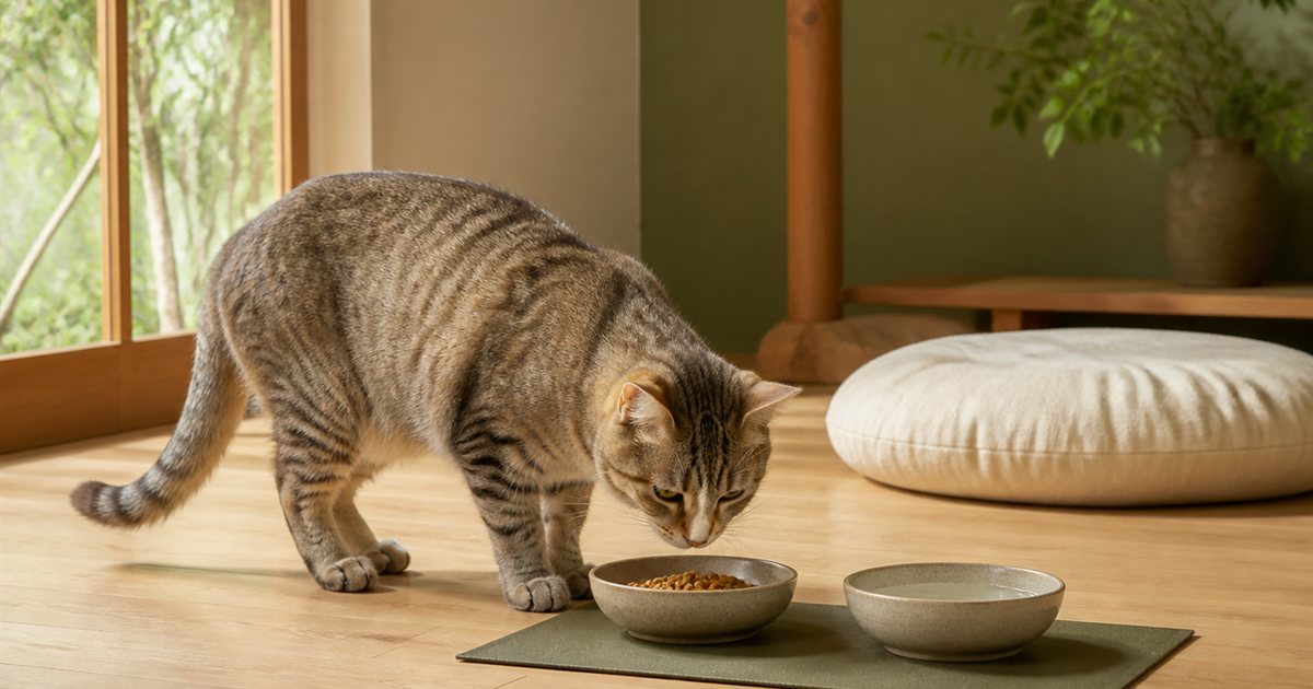 ドライフードと水の器を確認するシニア猫