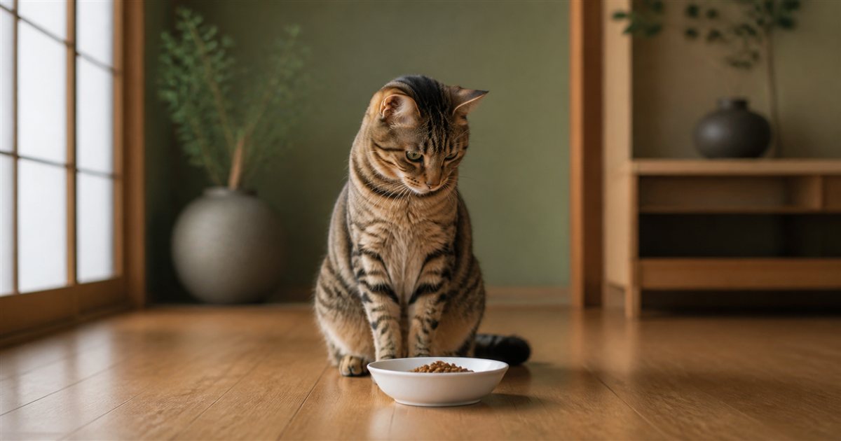 無地の器に入ったドライフードを見つめる猫