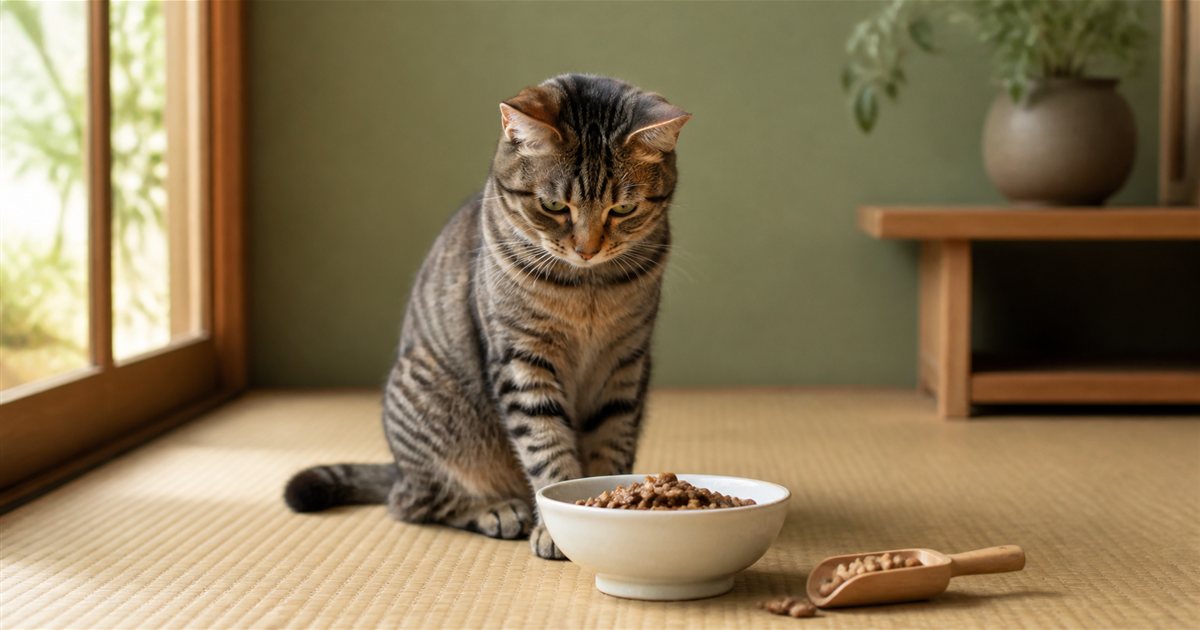 ドライフードと木製スコップを確認する猫