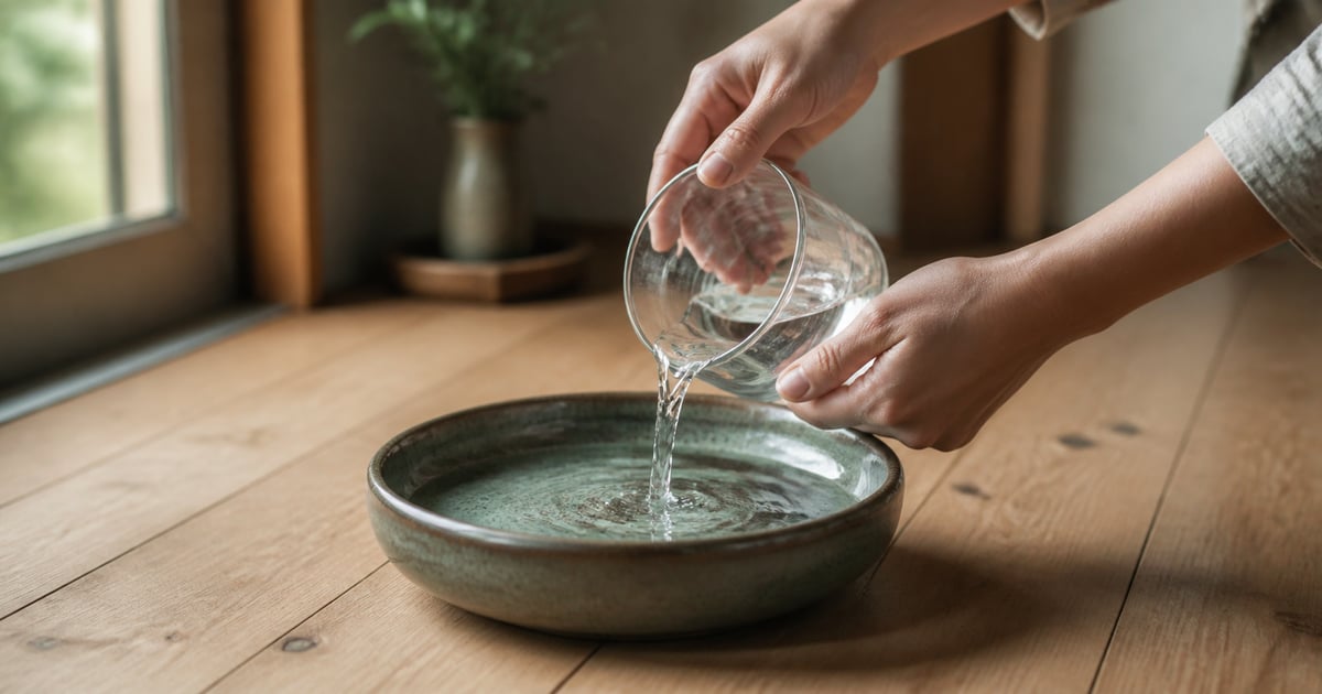 計量カップで測った水を広く浅い陶器の器に注いでいるところ