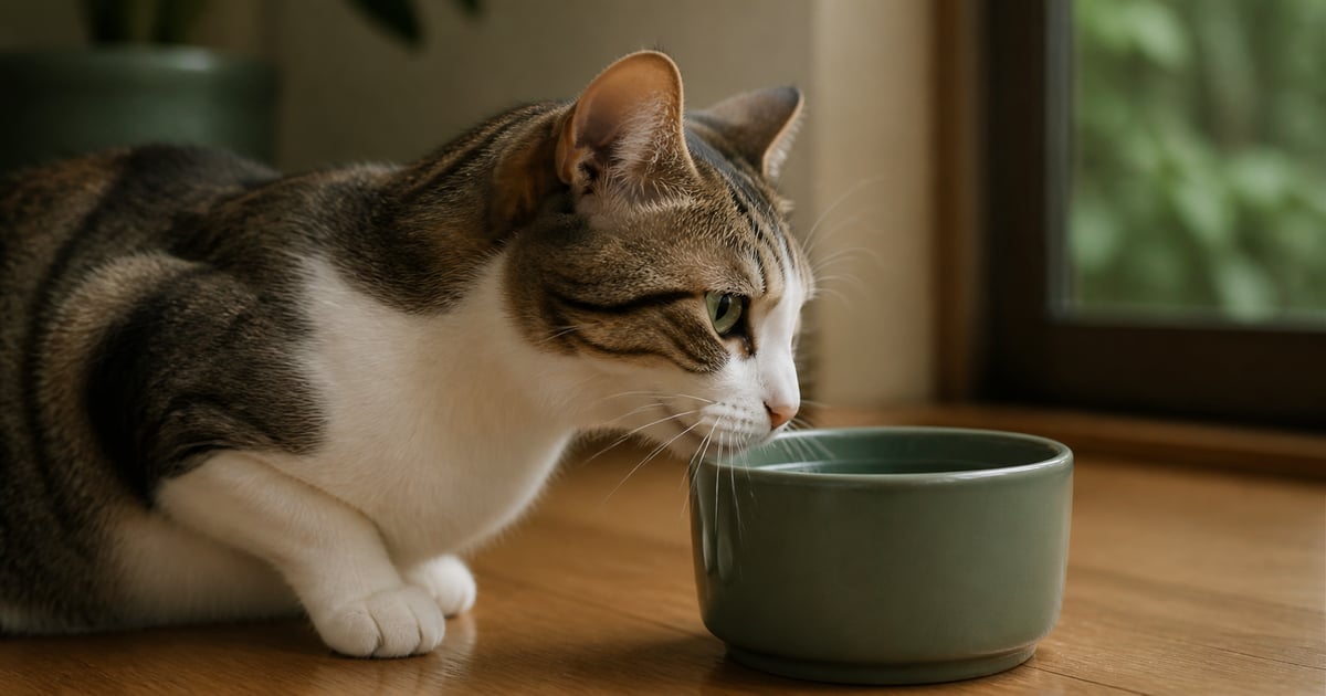 深くて狭い器を前に、ヒゲが縁に当たってためらう猫