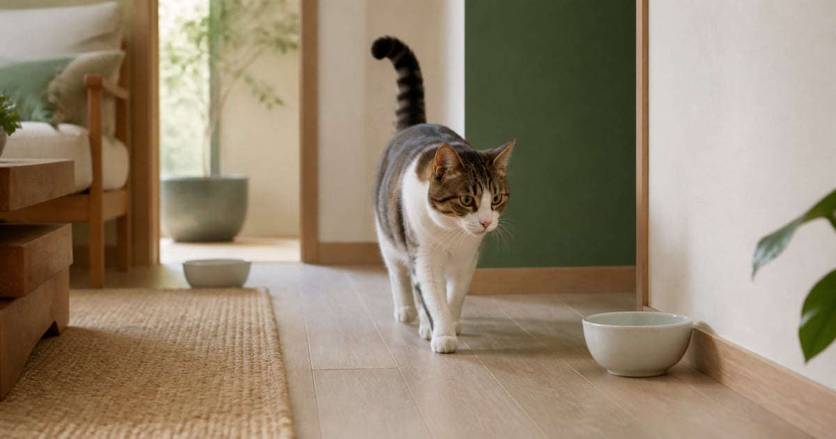 部屋の別々の場所に置かれた2つの水皿に向かって歩く猫