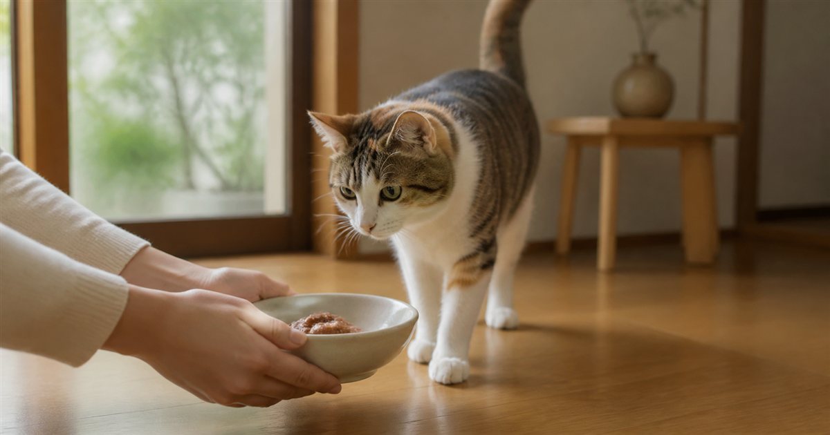 温めたウェットフードを無地の器で差し出し、猫が近づいてきたところ