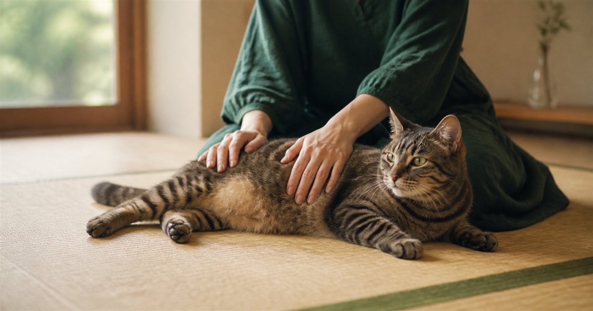 自宅でくつろぐ猫のわき腹に手を当てて体型を確かめるところ
