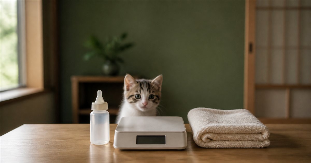 子猫用の哺乳瓶・スケール・タオルなど授乳に使う道具