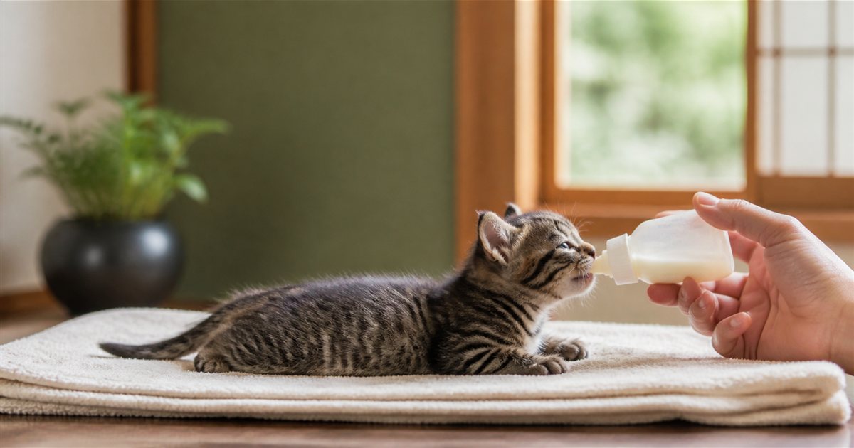 タオルの上でうつ伏せの姿勢のままミルクを飲む子猫