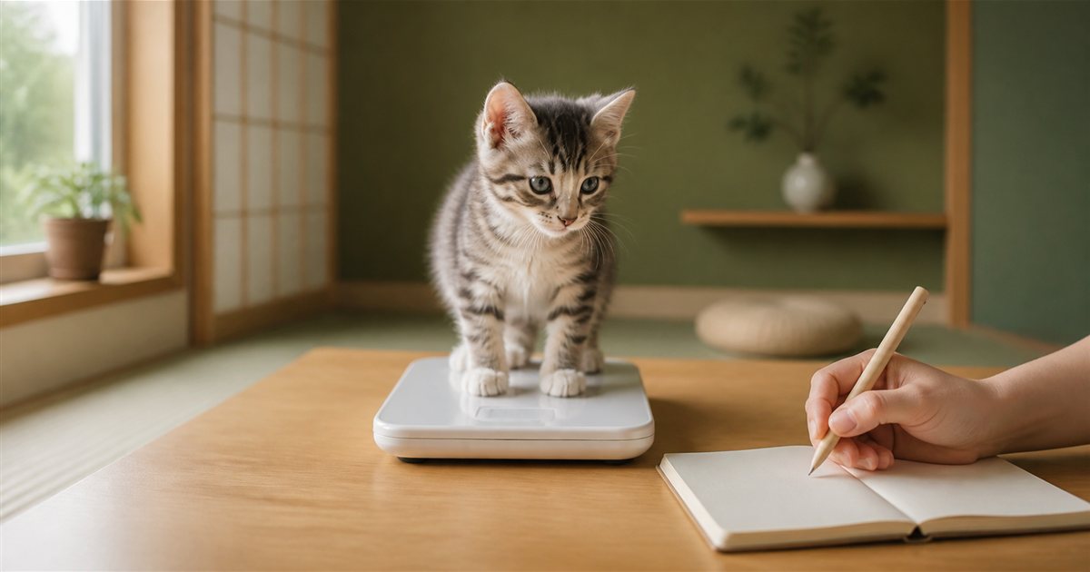 キッチンスケールに乗った子猫の体重をノートに記録するところ