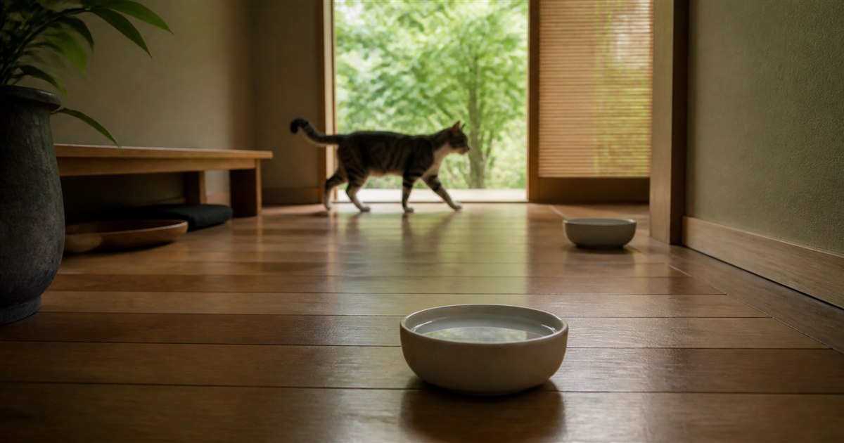 廊下の床に置かれた2つの水の器と、その奥を歩く猫