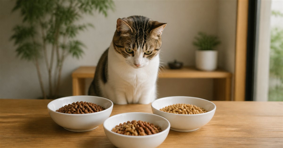 無地の器に入れた3種類のドライフードを見比べる猫