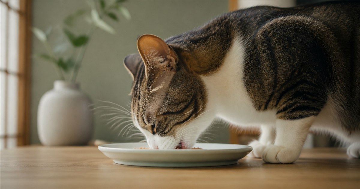 浅い皿から食べる猫のヒゲが器の縁に当たっていない様子