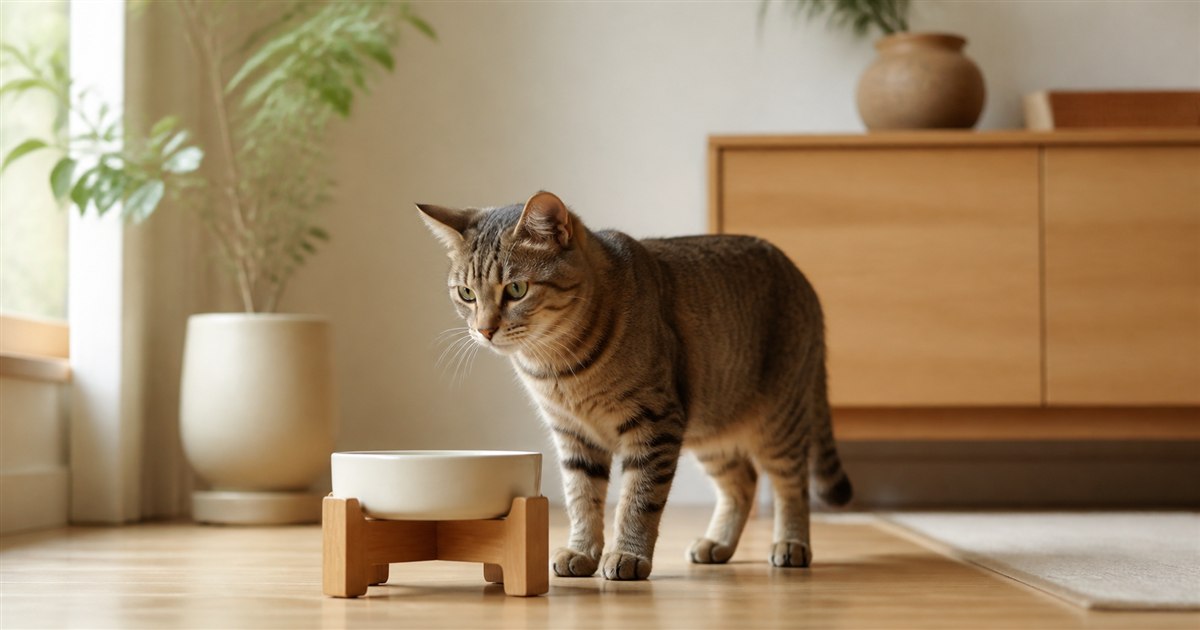 木製の食器台に載せた器のそばに立つ猫