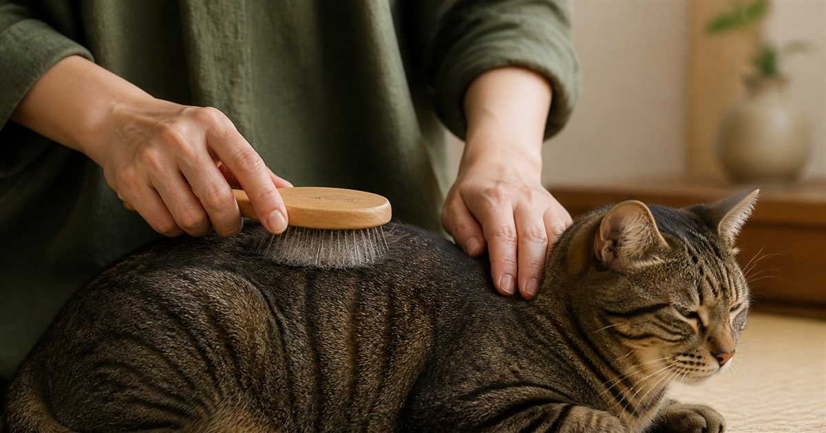 猫の背中をブラシでとかしている手元と、ブラシに付いた抜け毛