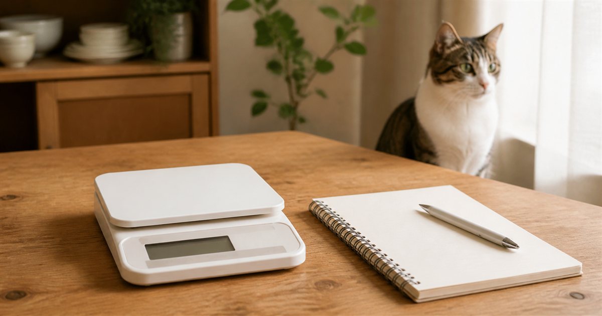 キッチンスケールとメモ帳。そばに猫が座っている