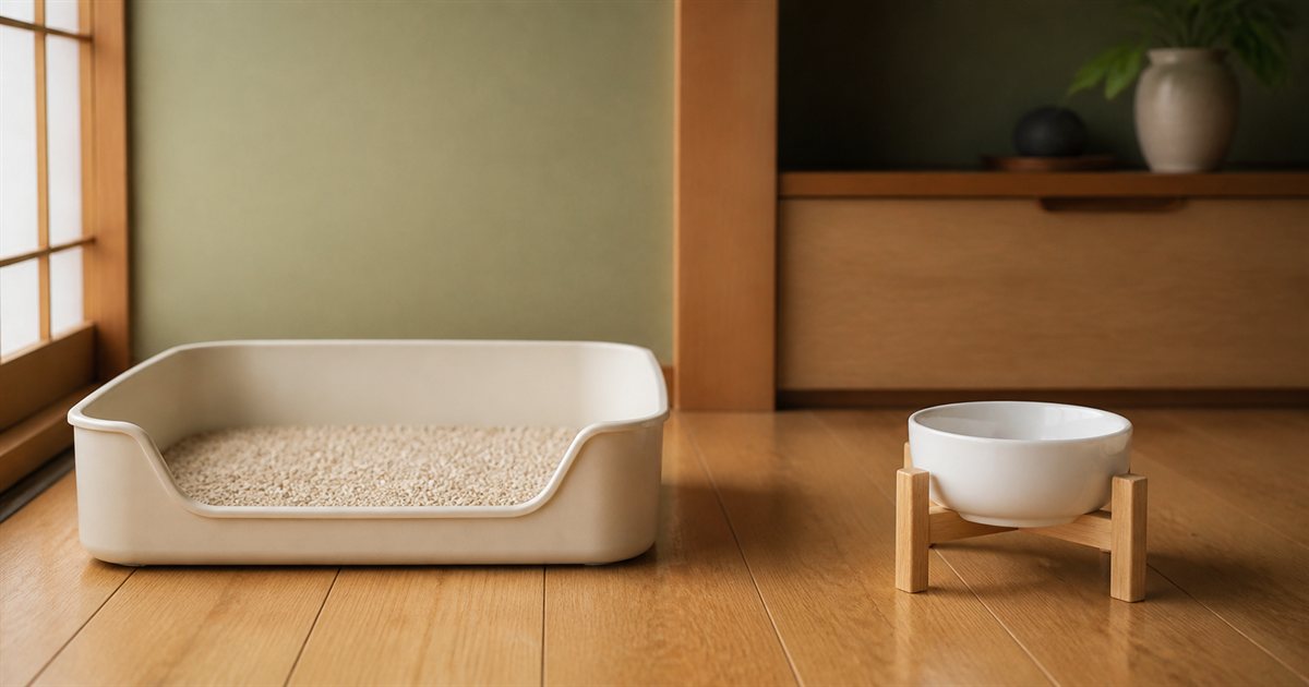 縁の低いトイレと、台で高さを出した食器