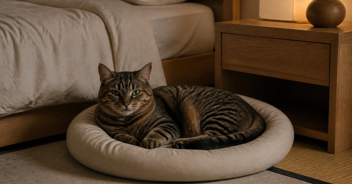 寝室のベッドのそばに置いた猫用ベッドでくつろぐ猫