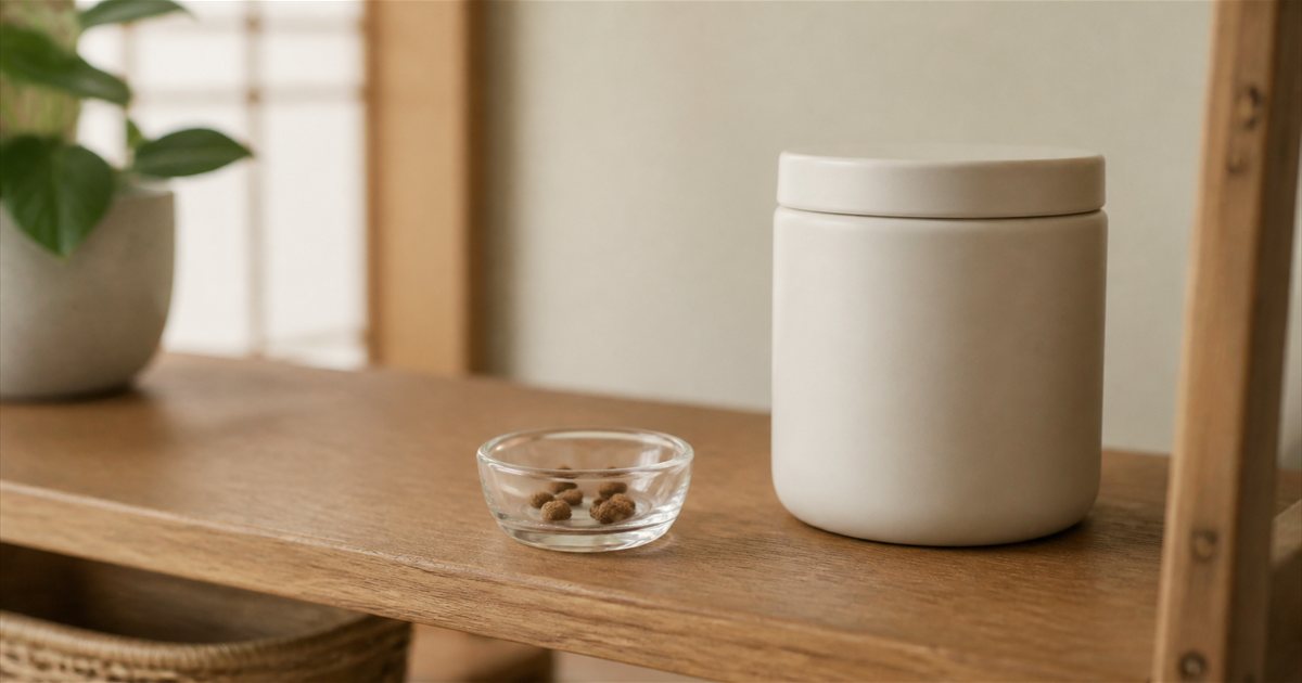 ドライフードを数粒だけ小さな空き容器に取り分けたところ