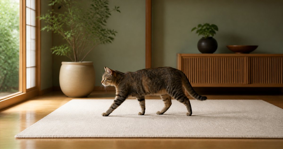 床にマットを敷いた猫の生活スペース