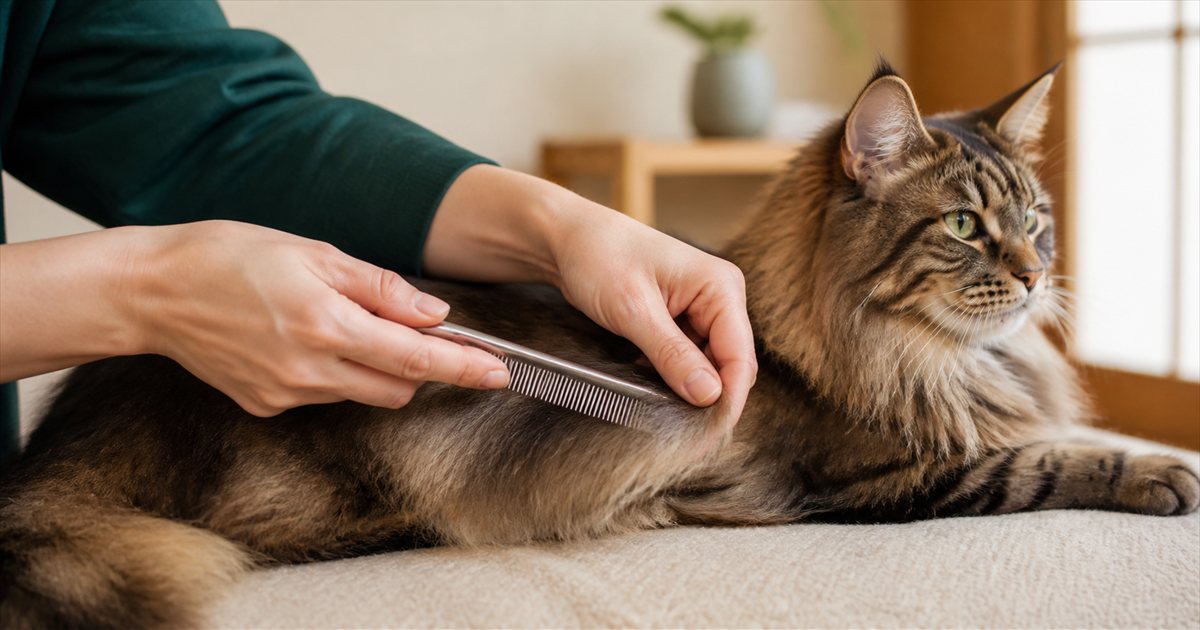 猫の毛をコームで毛先からとかしているところ