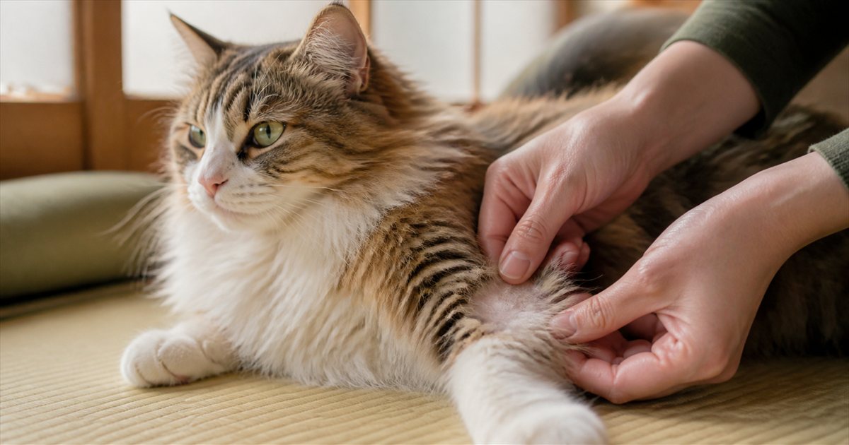 猫の脇の下あたりに指を入れて毛の状態を確かめているところ