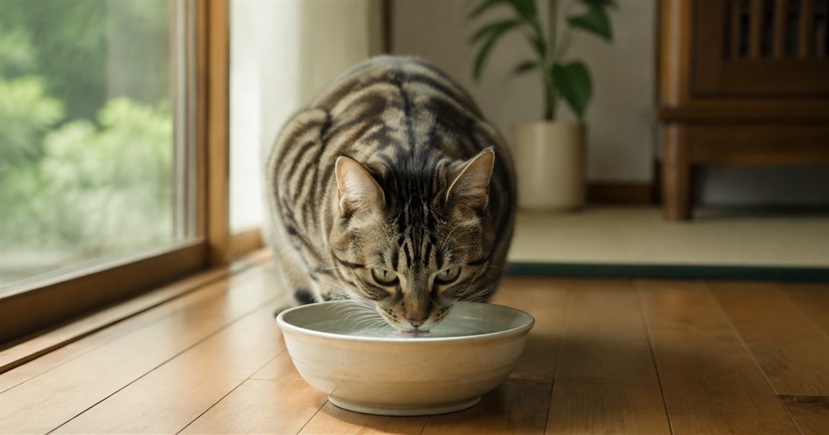 窓辺の木の床で、白い陶器の器から水を飲む猫