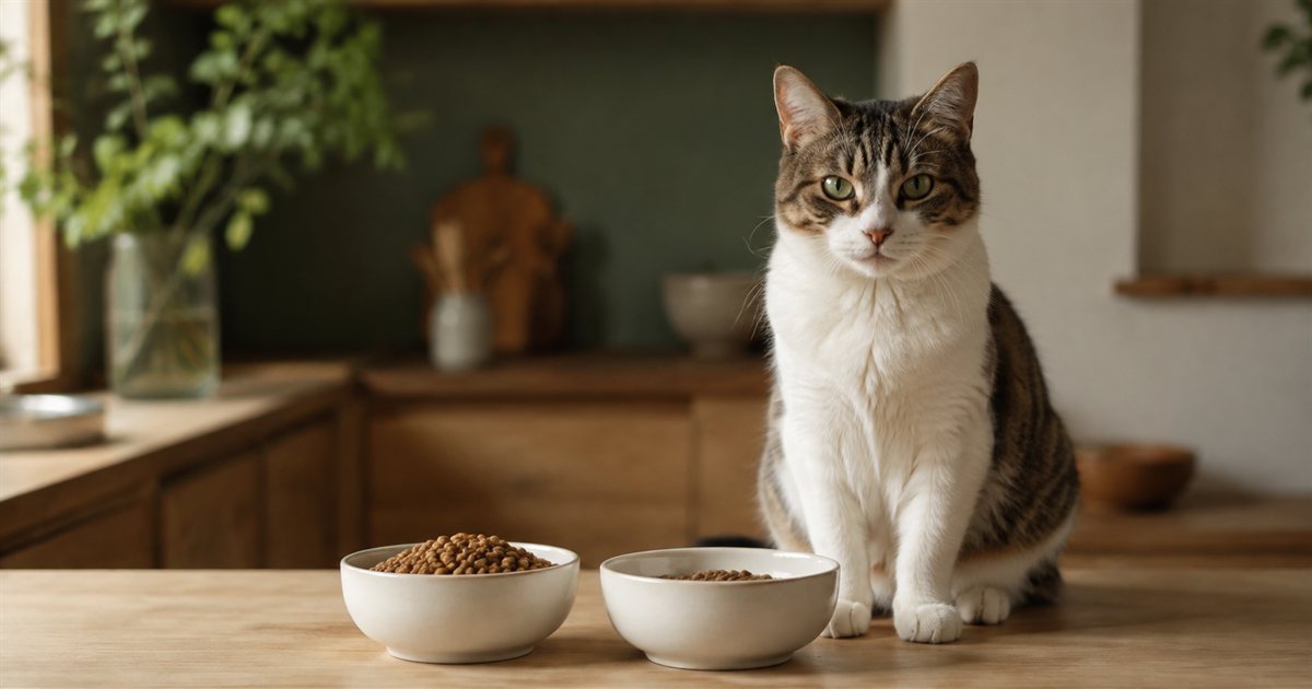木のカウンターに置かれた2つの器のドライフードと、そばに座る猫