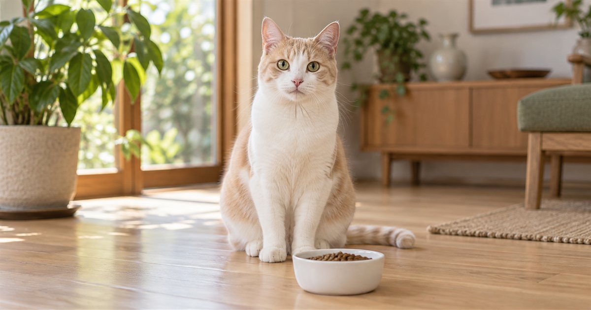 無地の白い器のそばに座るクリーム色と白の成猫