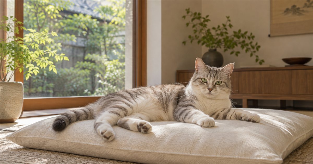 窓辺のクッションでくつろぐ猫
