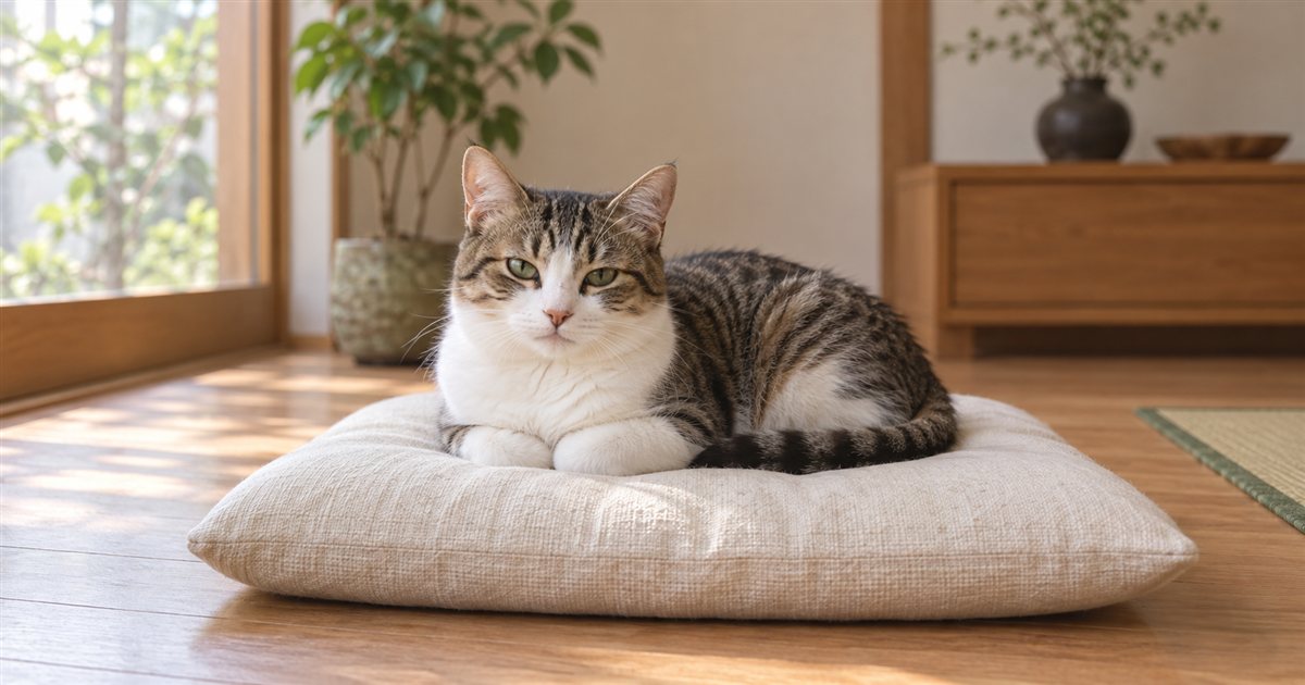 クリーム色のクッションの上でくつろぐ成猫