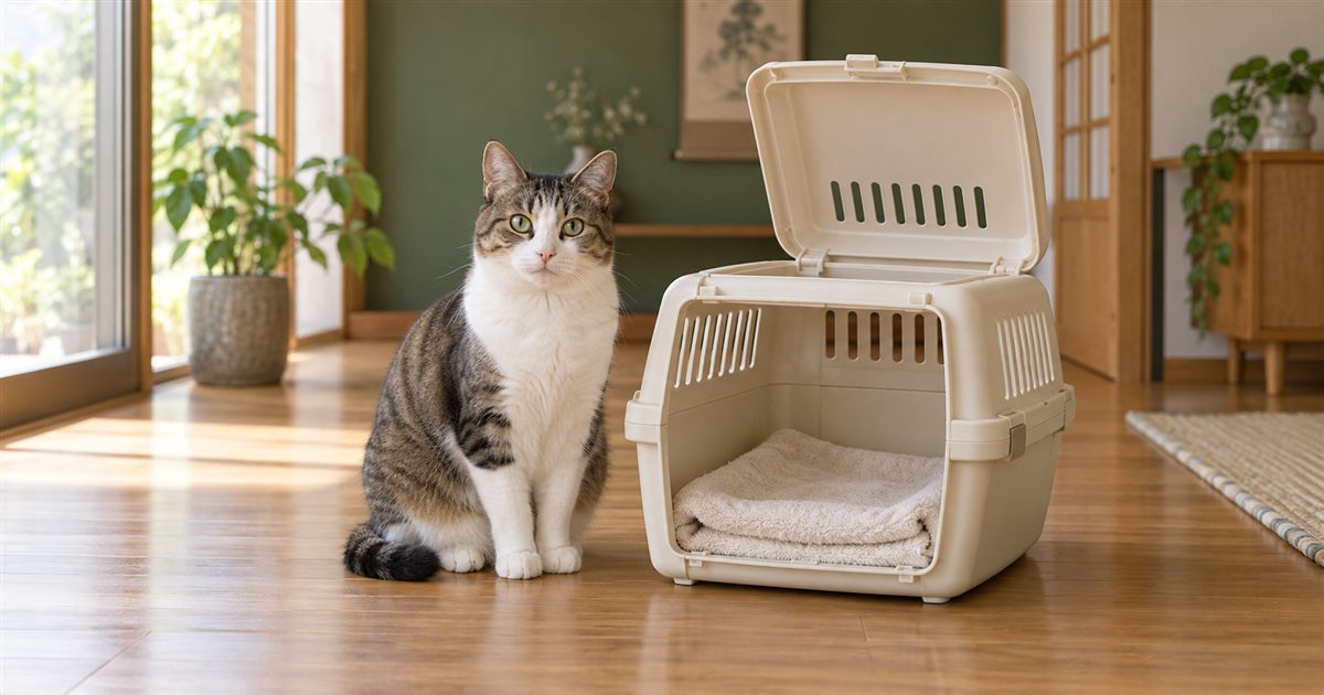 上ぶたを開けたハードキャリーの横に座る猫