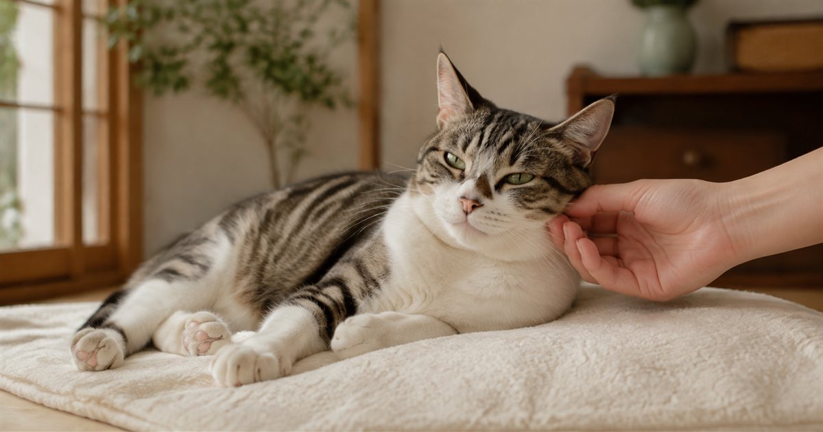 ブランケットの上でくつろぐ猫の口の横に、手をそっと当てているところ