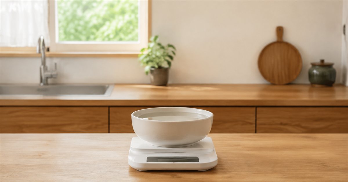 キッチンのカウンターで、水を入れた陶器の器をキッチンスケールに載せて量っているところ