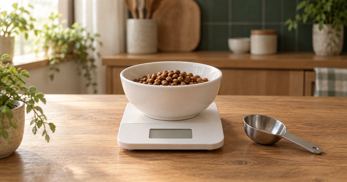 キッチンスケールにのせた白い器のドライフードと計量スプーン