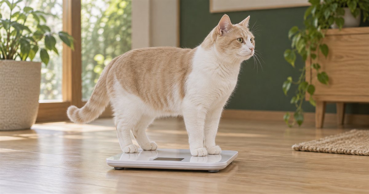 体重計の上に4本の足で立つクリーム色と白の成猫