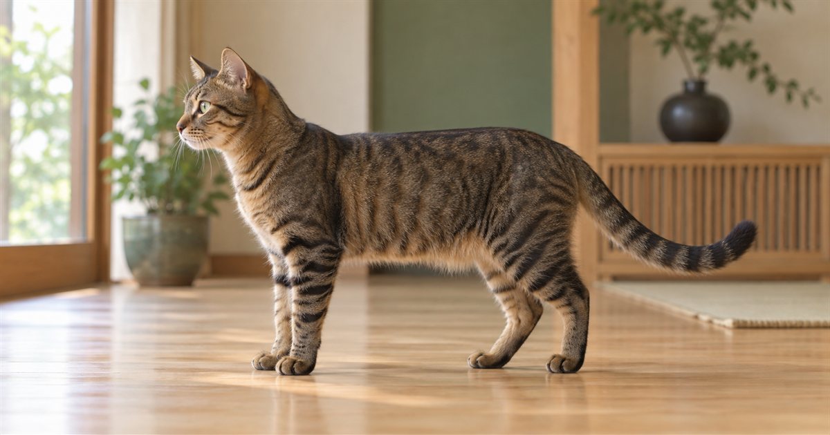 横から見たキジトラの成猫の立ち姿