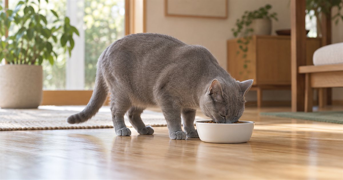 白い器から落ち着いてドライフードを食べるグレーの猫