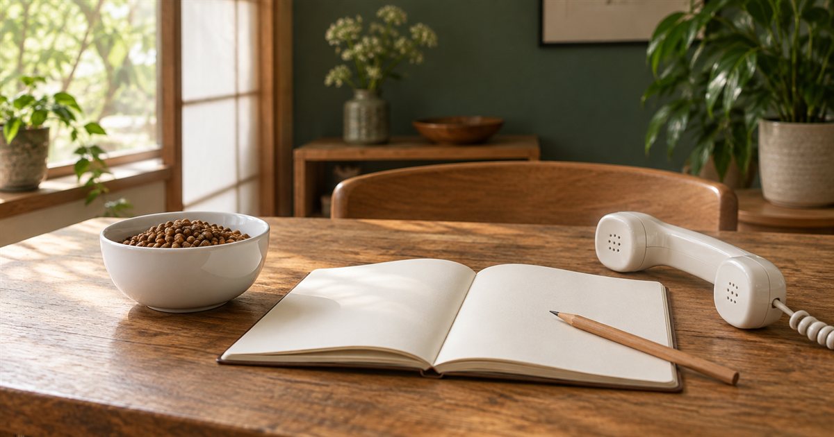 ドライフードの入った白い器と白紙のノート、鉛筆、受話器が置かれたテーブル