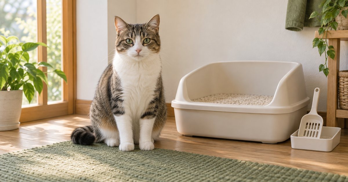 きれいなトイレのそばに座る猫