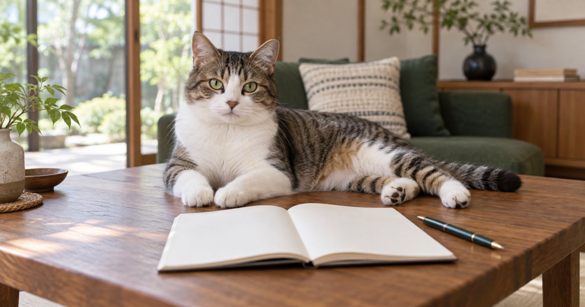 白紙のノートとペンのそばでくつろぐ猫