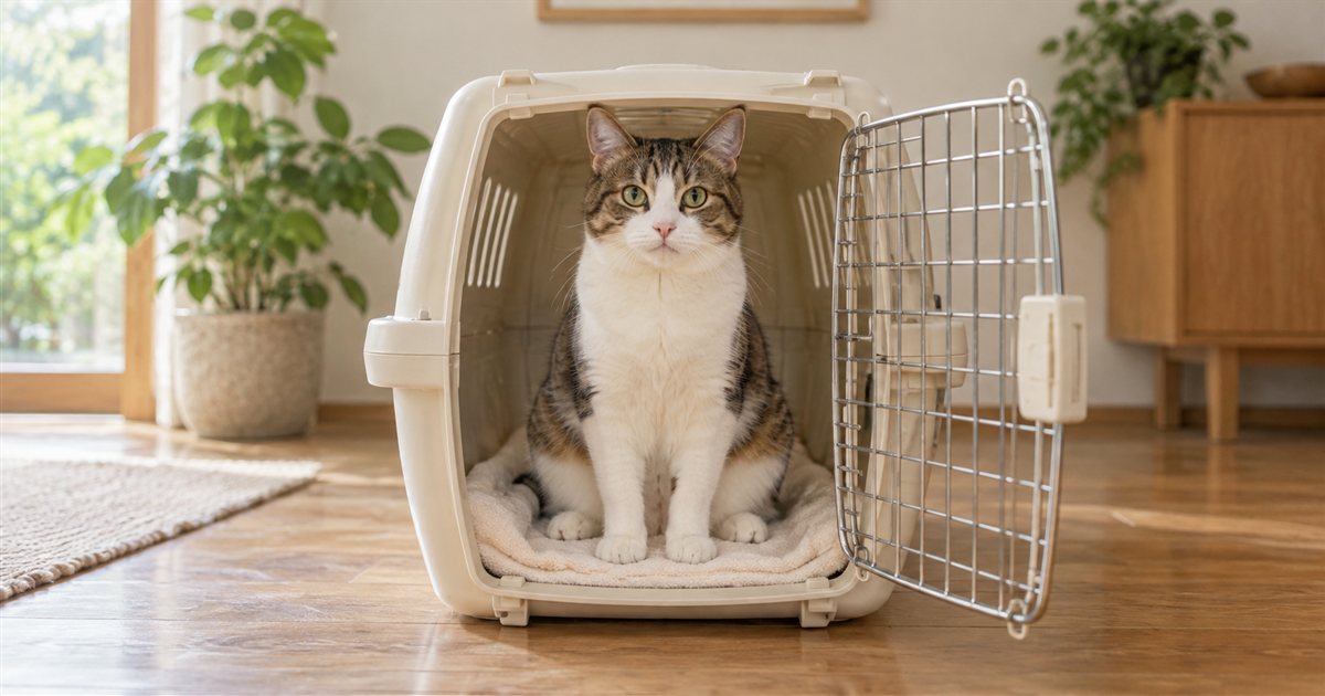 扉を開けたキャリーの中でタオルの上に座る猫