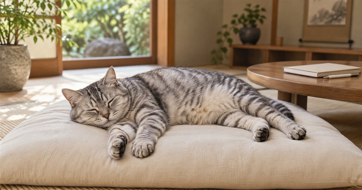クッションの上で眠る年配の猫
