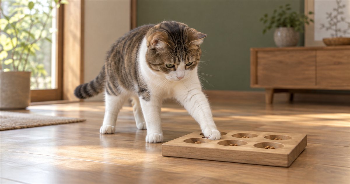 据え置いて粒をかき出す型のパズルのくぼみに前足を入れる猫