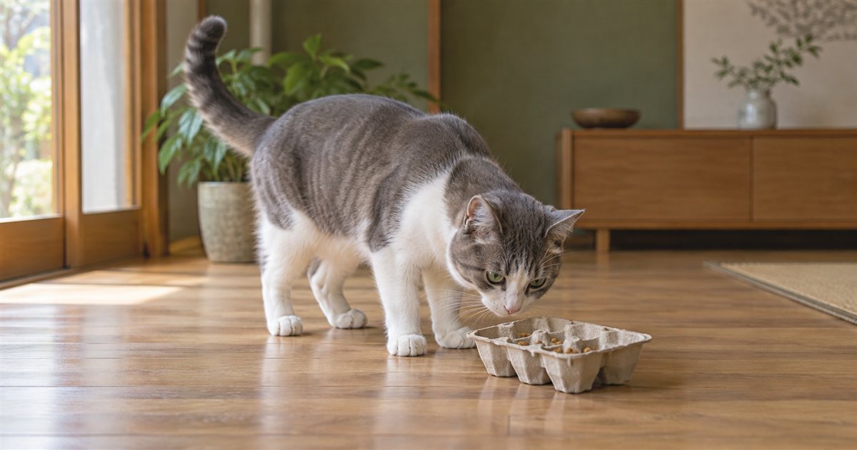 卵パックで作ったパズルのにおいをかぐ猫