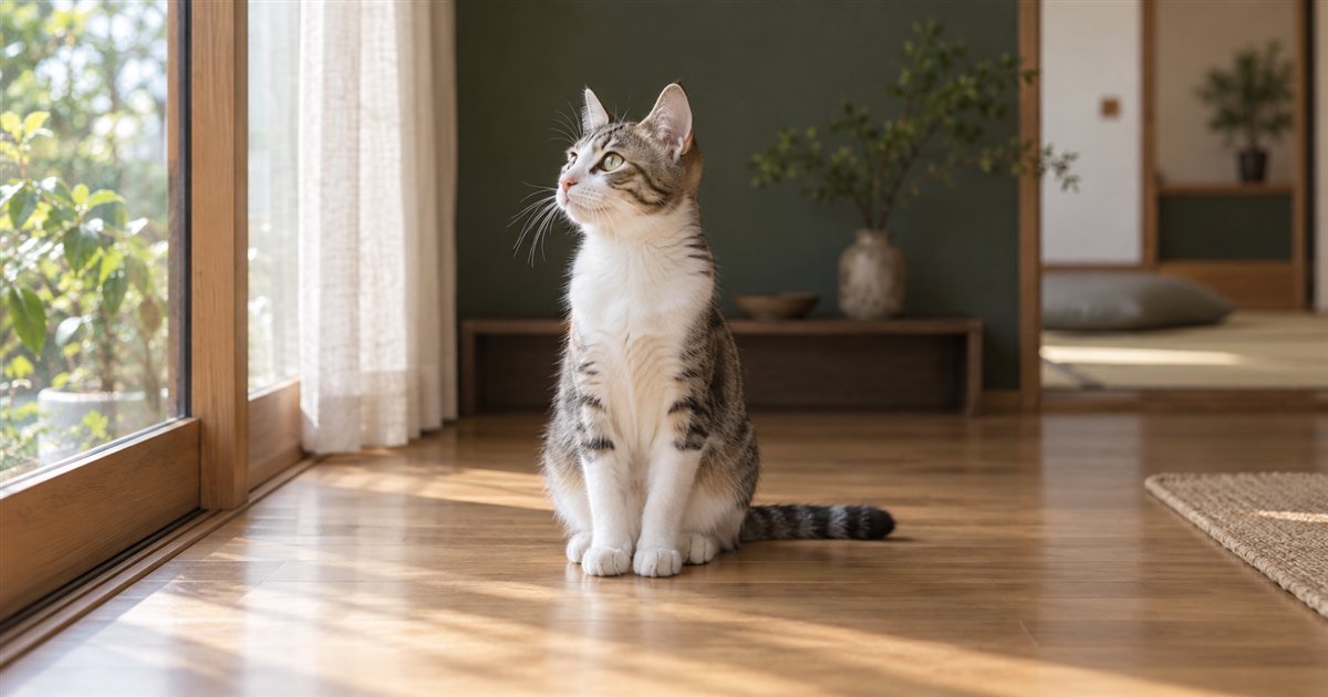 窓の方を見上げて床に座る若い猫