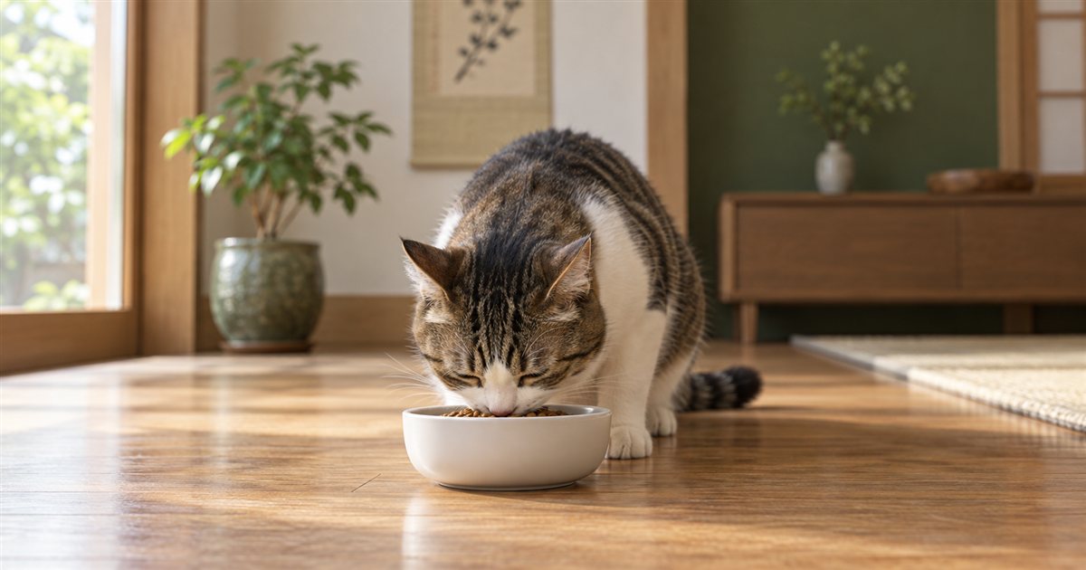 白い器からドライフードを食べる猫