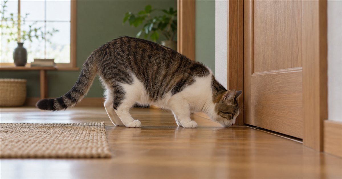 閉じたドアの下のすき間のにおいをかぐ猫