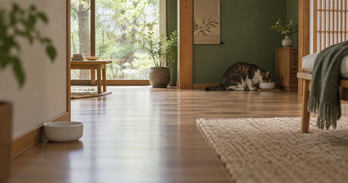 部屋の離れた場所に置いた2つの器と、奥の器で食べる猫