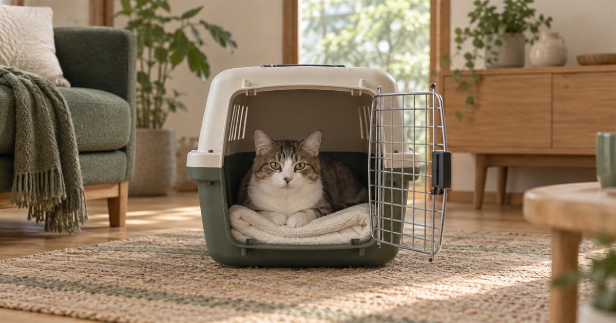 扉を開けたハードキャリーの中でタオルに座る猫