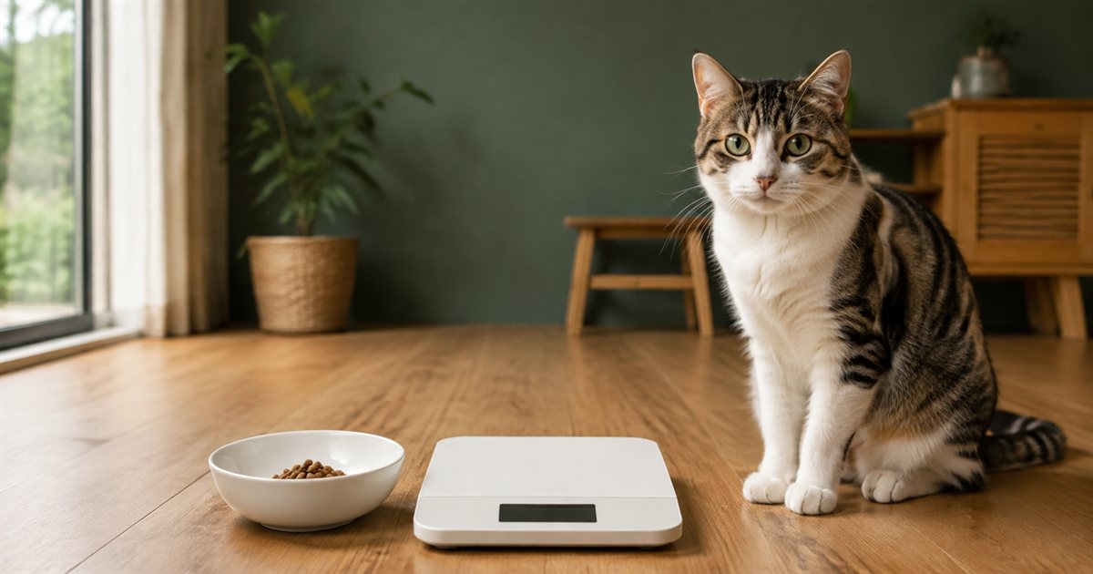 白い器に入ったドライフードとキッチンスケール。横に座って器を見ている猫