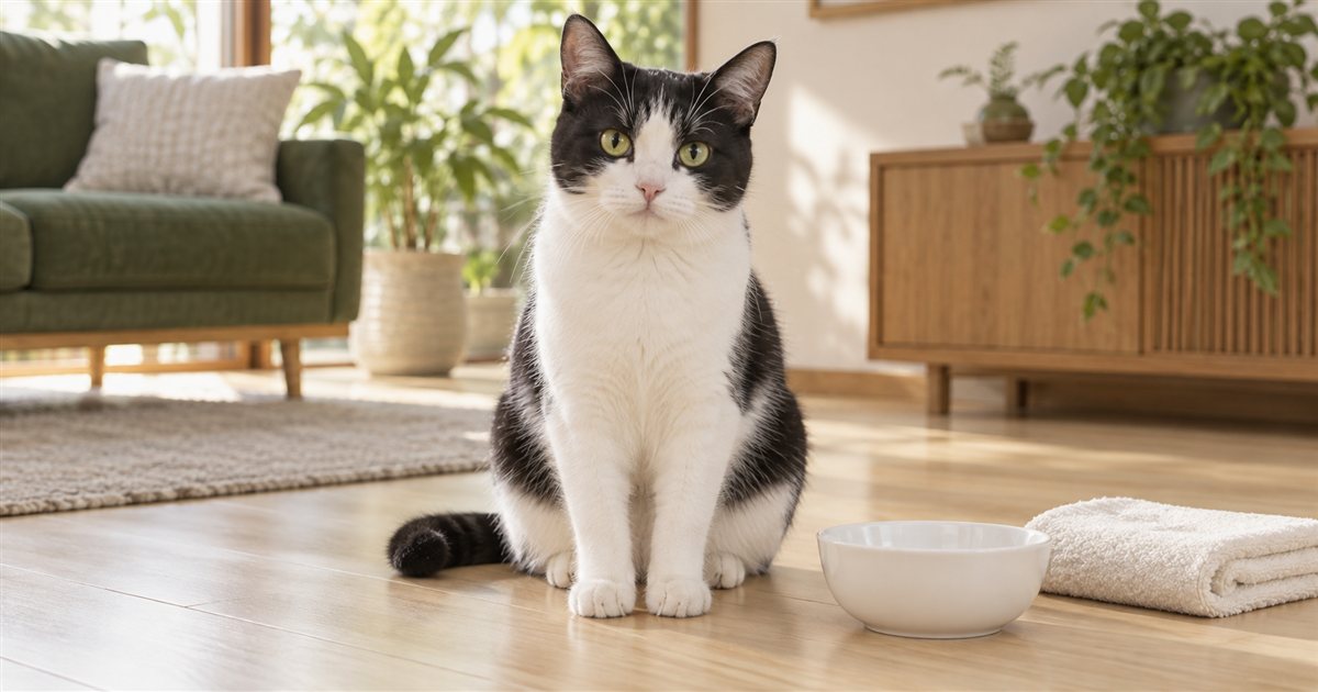 リビングの床に座り、白い器とたたんだタオルのそばでこちらを見る白黒の猫