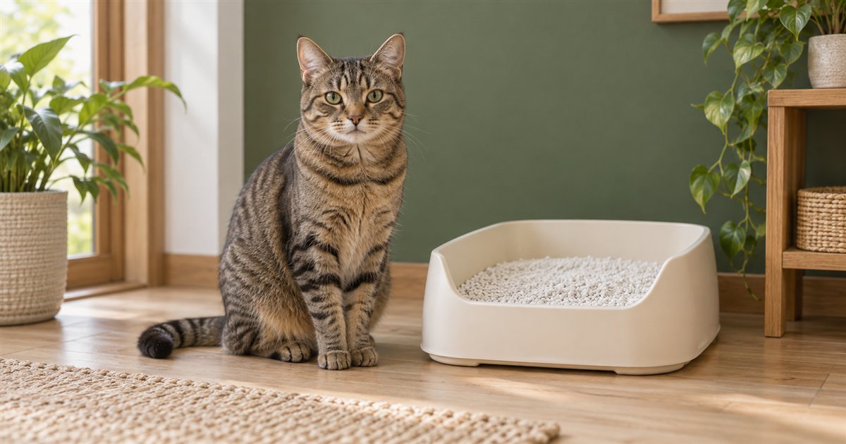 固まる砂を入れたトイレの横に座るキジトラの猫